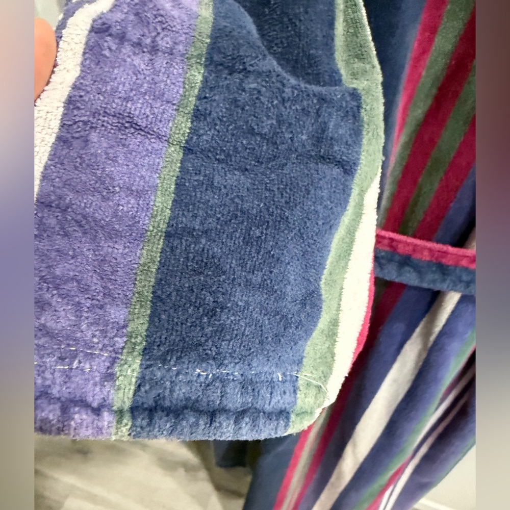 BILL BLASS Terry Cloth Vintage Striped Hooded Bathrobe belt & pockets 3/4 sleeve - Picture 5 of 15